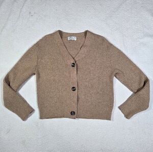 Poof Apparel Brown Cropped V Neck Cardigan 3 Button Closure